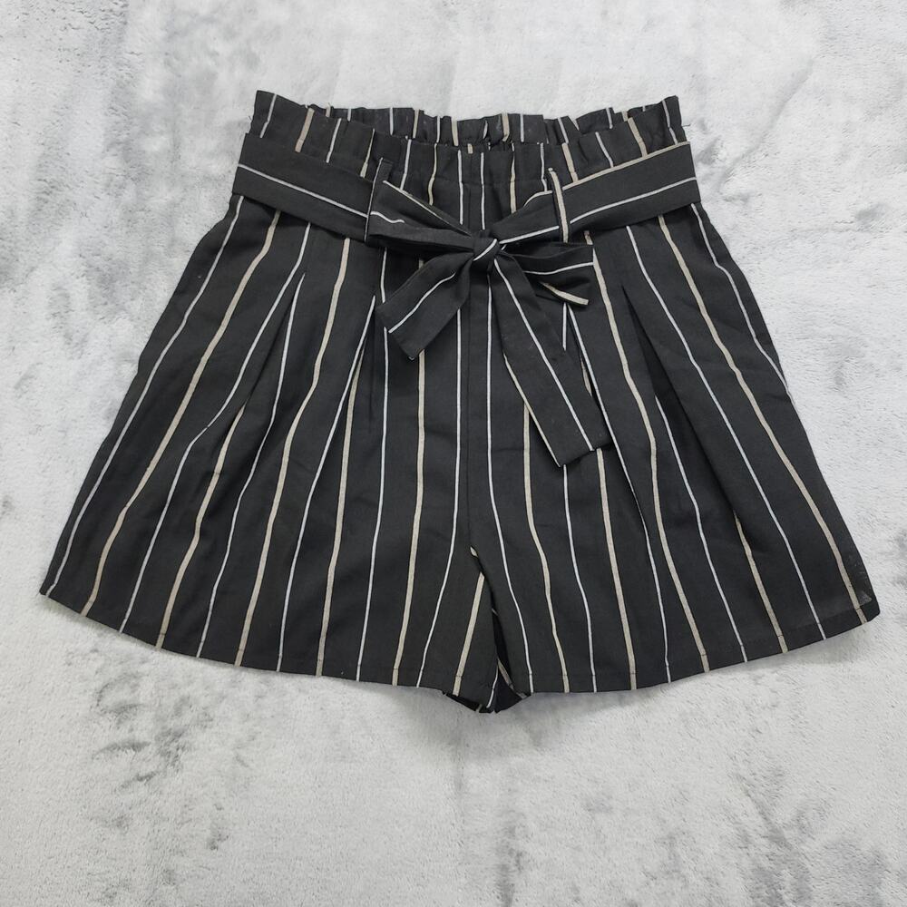 NEW Francesca's Blue Rain Shorts Womens S Black Striped Paperbag Cotton Casual